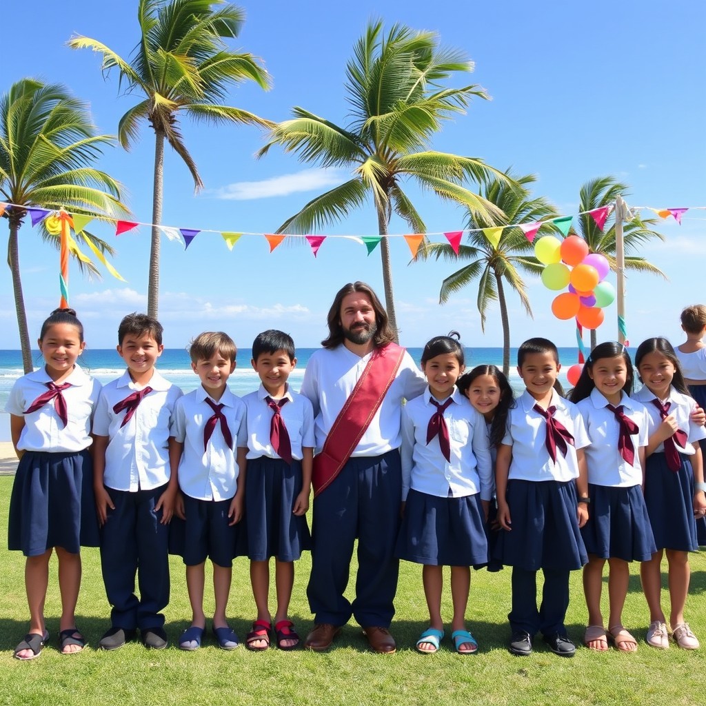 An outdoor banner for the Adventist Adventurer Fun Day featuring a lively scene on the church grounds facing the beautiful beachfront