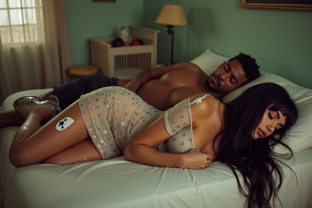 A light-skinned Mexican woman with long straight black hair, showcasing a curvy medium build with very thick toned legs, wide hips, and round prominent breasts