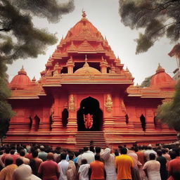 An enriching image of the Siddhivinayak Temple, an iconic spiritual structure in Mumbai dedicated to Lord Ganesha. Highlight its unique architectural elements, the vibrant crowd of devotees, and serene atmosphere.