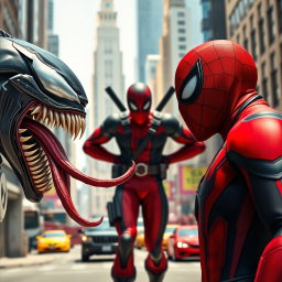 A hyper-realistic, cinematic digital illustration featuring three iconic Marvel characters in a vibrant city street setting during bright daytime