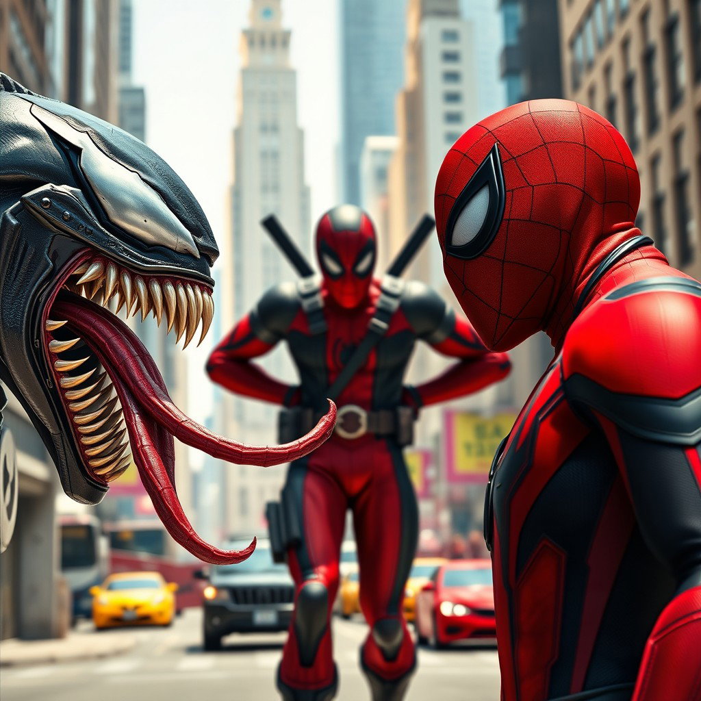 A hyper-realistic, cinematic digital illustration featuring three iconic Marvel characters in a vibrant city street setting during bright daytime