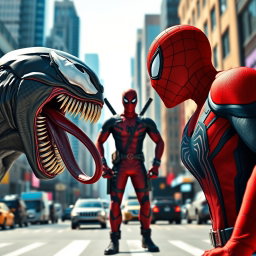 A hyper-realistic, cinematic digital illustration featuring three iconic Marvel characters in a vibrant city street setting during bright daytime
