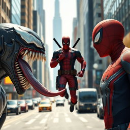 A hyper-realistic, cinematic digital illustration featuring three iconic Marvel characters in a vibrant city street setting during bright daytime