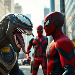 A hyper-realistic, cinematic digital illustration featuring three iconic Marvel characters in a vibrant city street setting during bright daytime