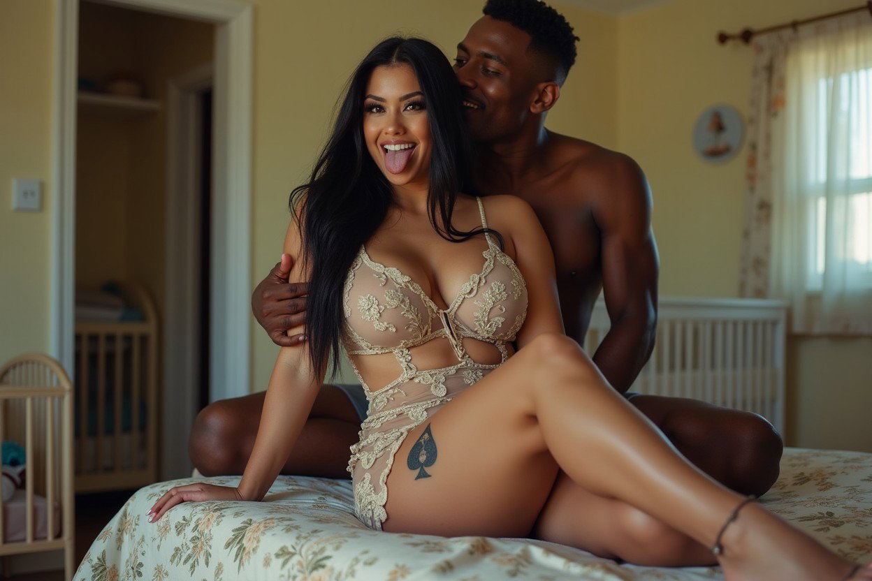 A light-skinned Mexican woman with long straight black hair, a medium to large curvy physique, featuring very thick toned legs, wide hips, and round prominent breasts