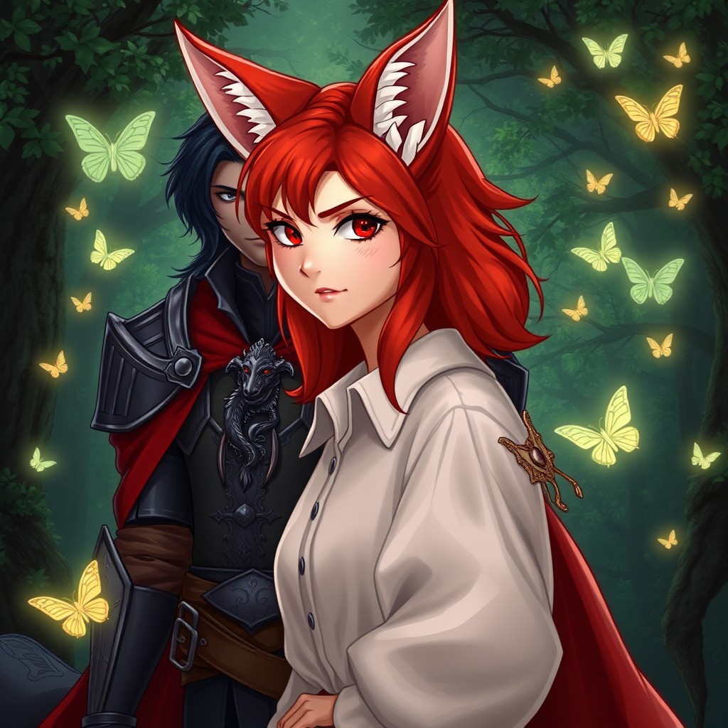 A romantic fantasy book cover featuring a red-haired girl with fox ears and a sly expression in the foreground