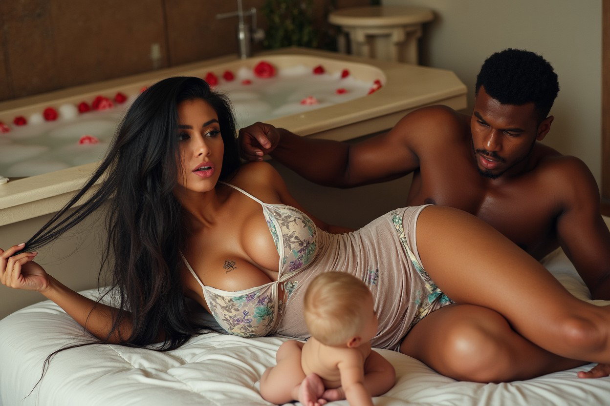 A light-skinned Mexican woman with long, straight black hair, medium to large curvy physique, featuring very thick toned legs, wide hips, and round prominent breasts