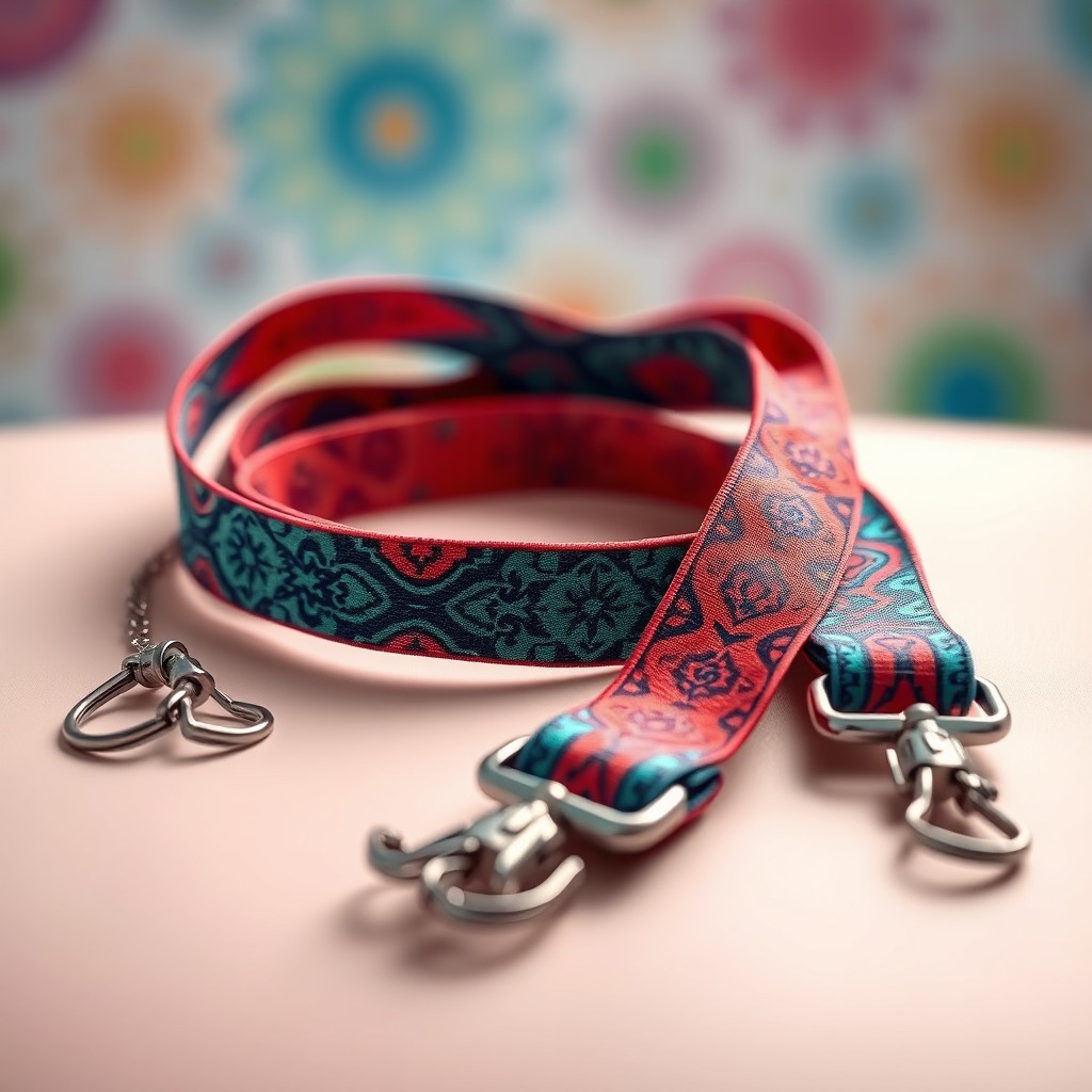 A vibrant and colorful lanyard design featuring intricate patterns and textures