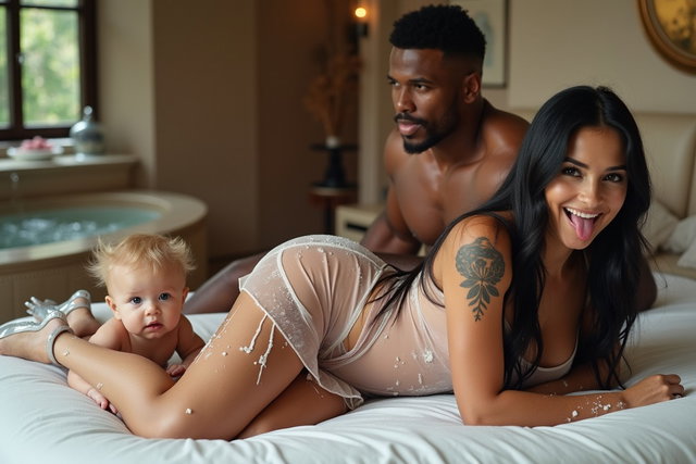 A light-skinned Mexican woman with long, straight black hair, medium to large curvy physique, thick toned legs, wide hips, and round prominent breasts