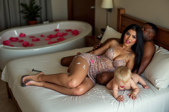 A light-skinned Mexican woman with long, straight black hair, a medium to large voluptuous build, thick toned legs, wide hips, and round prominent breasts