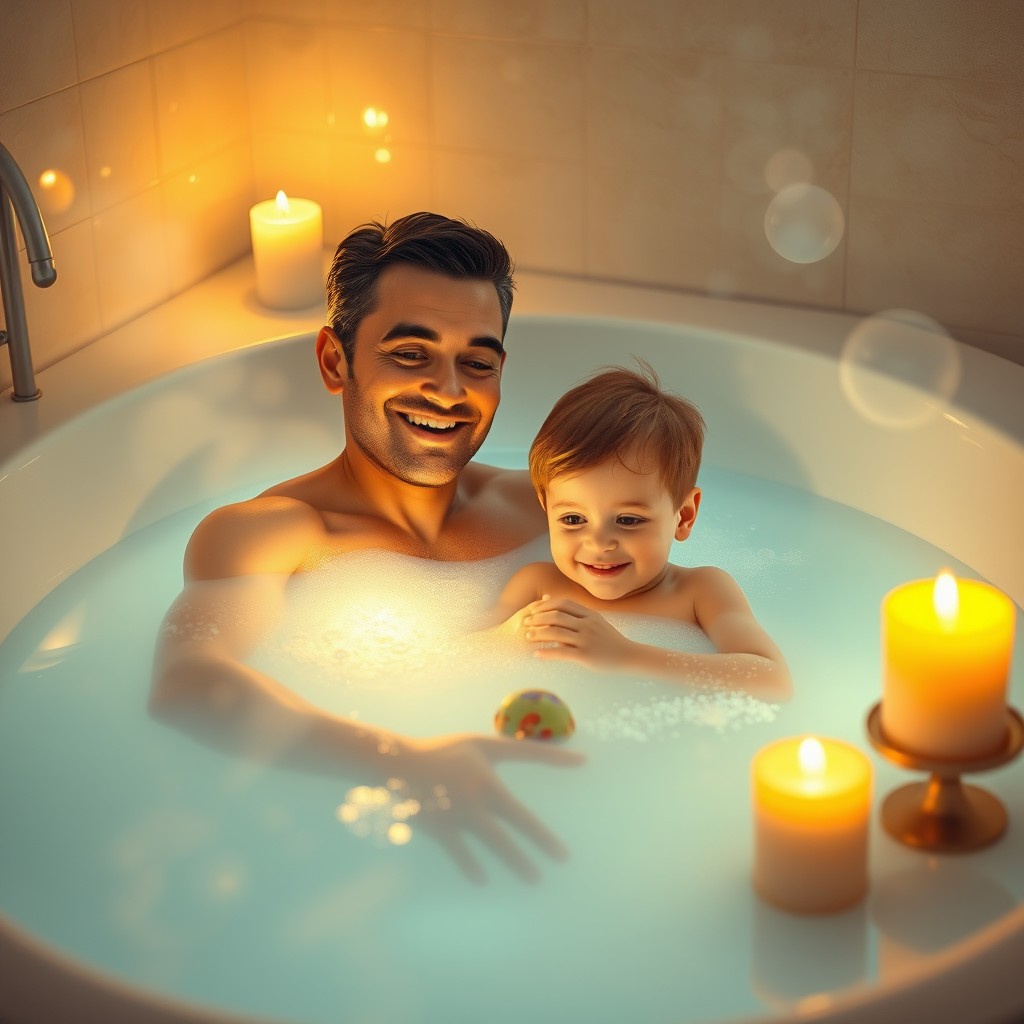 A serene and intimate scene depicting a father and son enjoying a warm bath together, surrounded by soft candlelight reflecting on the water's surface
