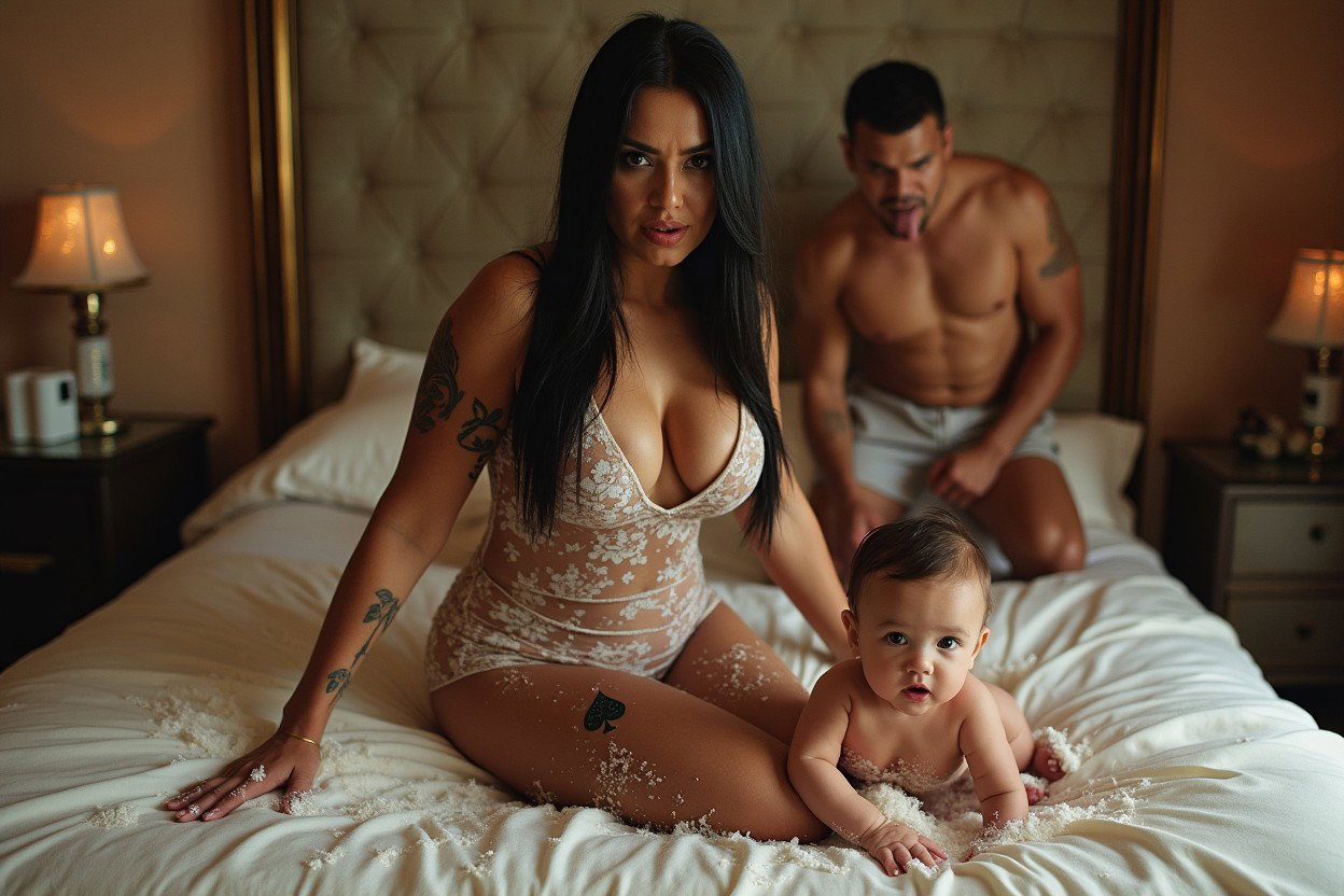 A light-skinned Mexican woman with long, straight black hair, a medium to large curvy build, thick toned legs, wide hips, and round prominent breasts