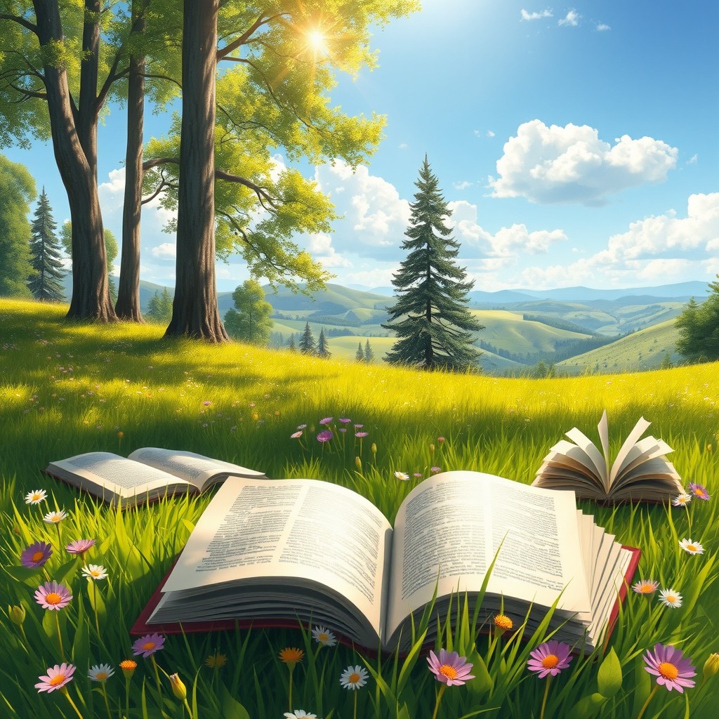 A beautiful digital painting featuring an assortment of open and closed books lying on a vibrant and lush green meadow