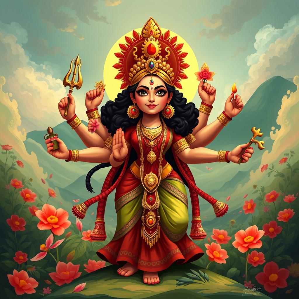 A beautiful digital painting of the Indian goddess Durga Ma, depicted in a vibrant and colorful cartoon art style