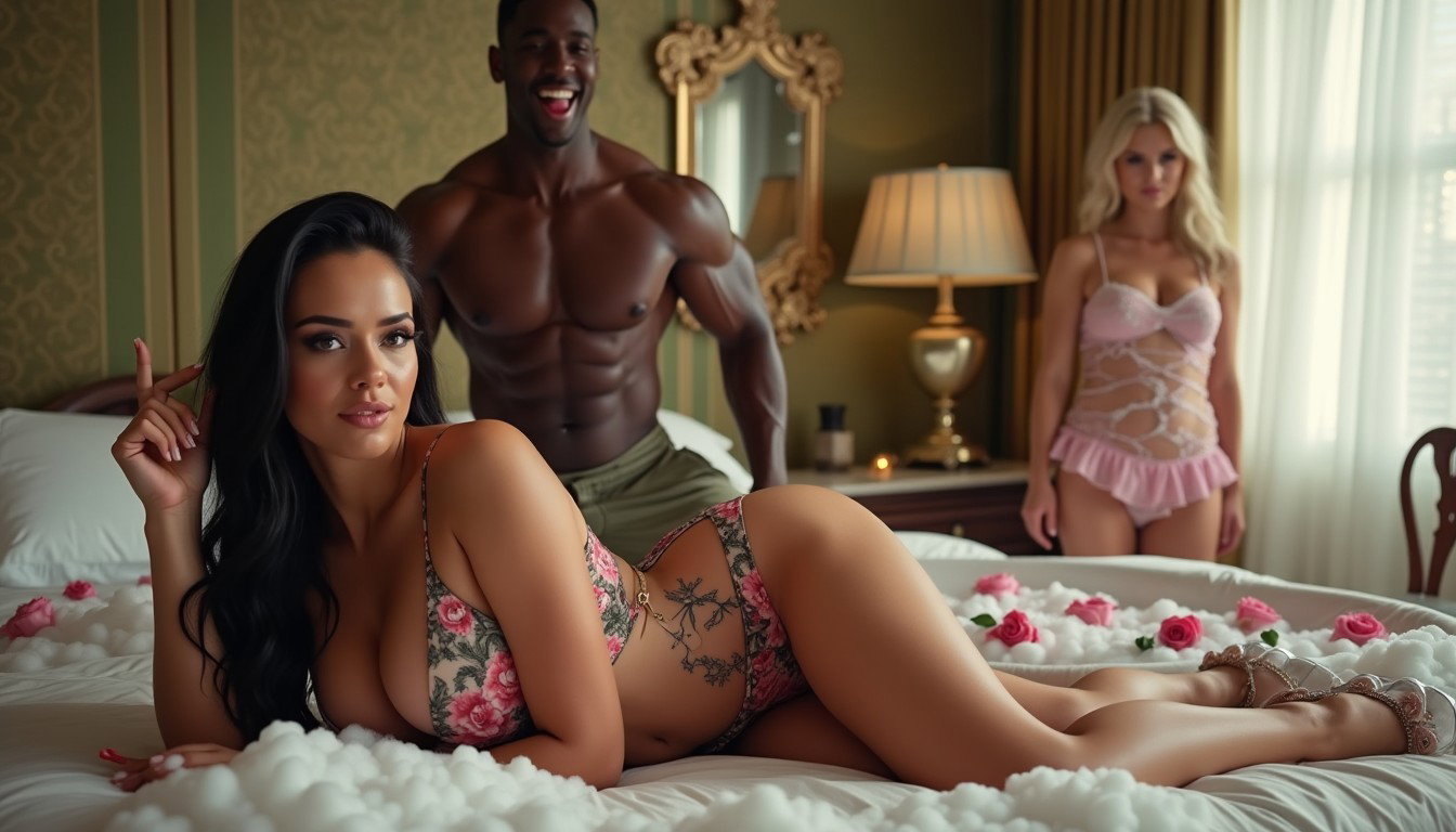 A curvy Mexican woman with fair skin and long straight black hair is lying on a large queen-size bed in an elegantly decorated room