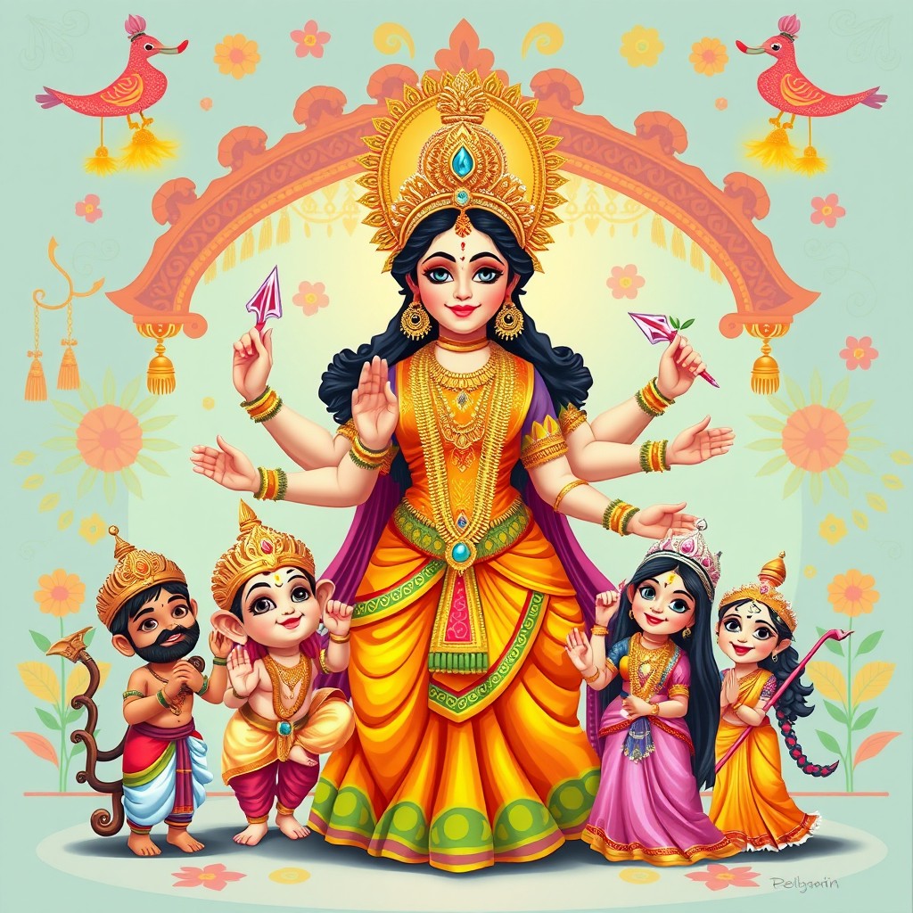 A beautiful digital painting in cartoon style depicting the Bengali Indian goddess Durga Ma, surrounded by her children, Lord Ganesha and Goddess Kartikeya, and her daughters, Saraswati and Lakshmi