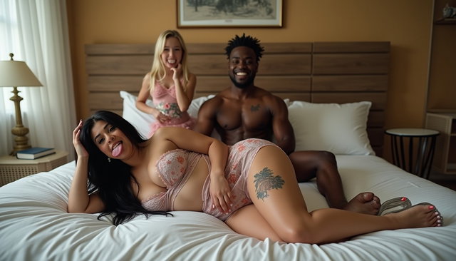 A light-skinned Mexican woman with long straight black hair is lying on a large queen-size bed in a bedroom