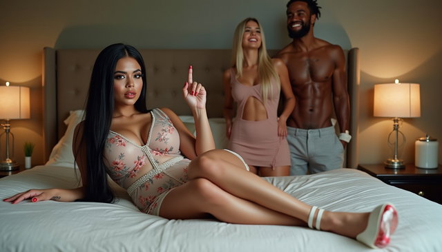 A light-skinned Mexican woman with long, straight black hair, a large voluptuous build, thick toned legs, wide hips, and round prominent breasts