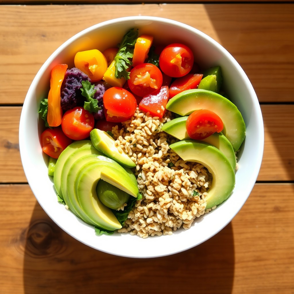 A vibrant bowl of healthy food featuring a colorful assortment of fresh vegetables, including kale, bell peppers, and cherry tomatoes, along with quinoa and avocado slices
