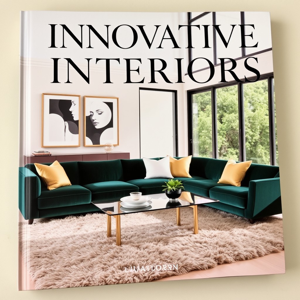 An elegant and modern interior design book cover featuring a stylish living room scene