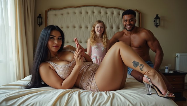 A light-skinned Mexican woman with long straight black hair and a large curvy build is lying on a spacious queen-size bed in a stylish bedroom