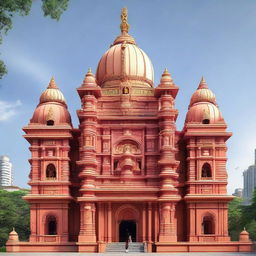 Render a detailed image of the Siddhivinayak Temple, a well-known pilgrimage center in Mumbai, dedicated to Lord Ganesha. Display its grand architectural style, crowd of devoted worshipers, and the pervasive spiritual atmosphere.