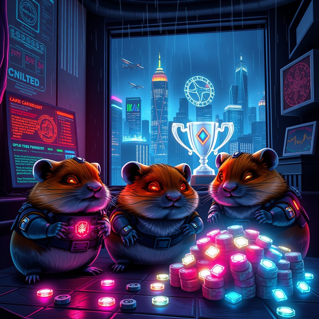 A dark, neon-drenched cyberpunk splash screen for 'Hamster Kombat: Gamedev Idle-Sim'