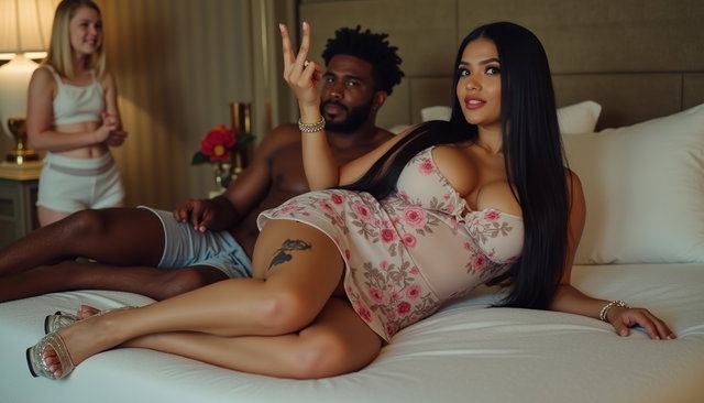 A light-skinned Mexican woman with long, straight black hair, a large voluptuous build, featuring very thick toned legs and wide hips, round prominent breasts