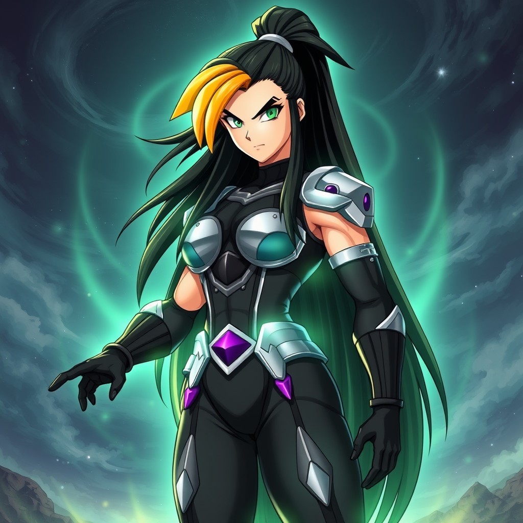 A tall and athletic female Saiyan warrior, Echalott, in a dynamic 'Super Saiyan' transformation inspired by the Dragon Ball Z art style