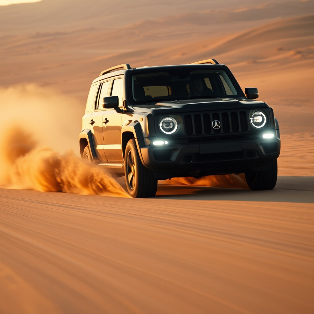 A black SUV speeding through a vast desert landscape with its headlights illuminating the way, creating a thrilling sense of motion