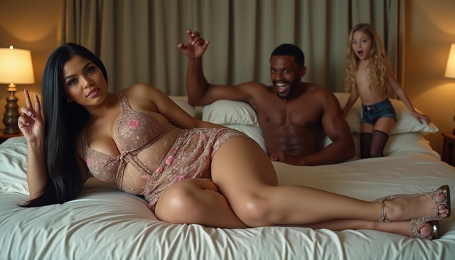 A light-skinned Mexican woman with long straight black hair and a large curvy build, showcasing very thick toned legs and wide hips