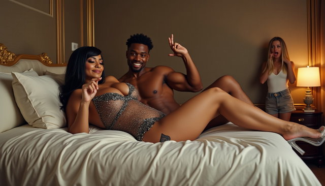 A light-skinned Mexican woman with long straight black hair and a voluptuous figure is reclining on a large queen-size bed in a stylish bedroom