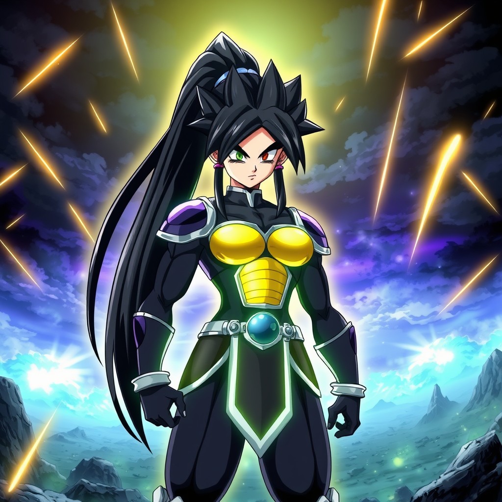 A tall and athletic female Saiyan warrior, Echalott, depicted in her 'Super Saiyan 3' transformation inspired by the Dragon Ball Z art style
