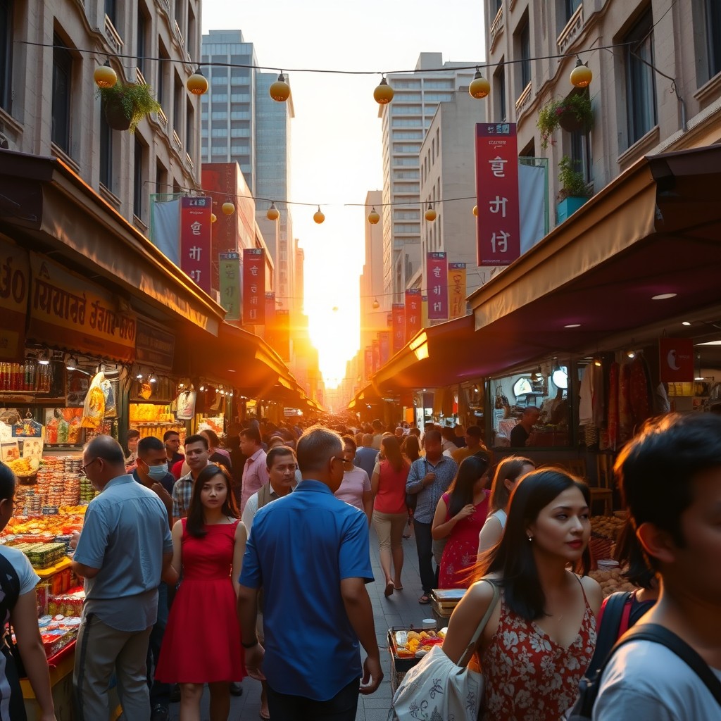 A vibrant street scene in a bustling city market, filled with colorful stalls selling various goods