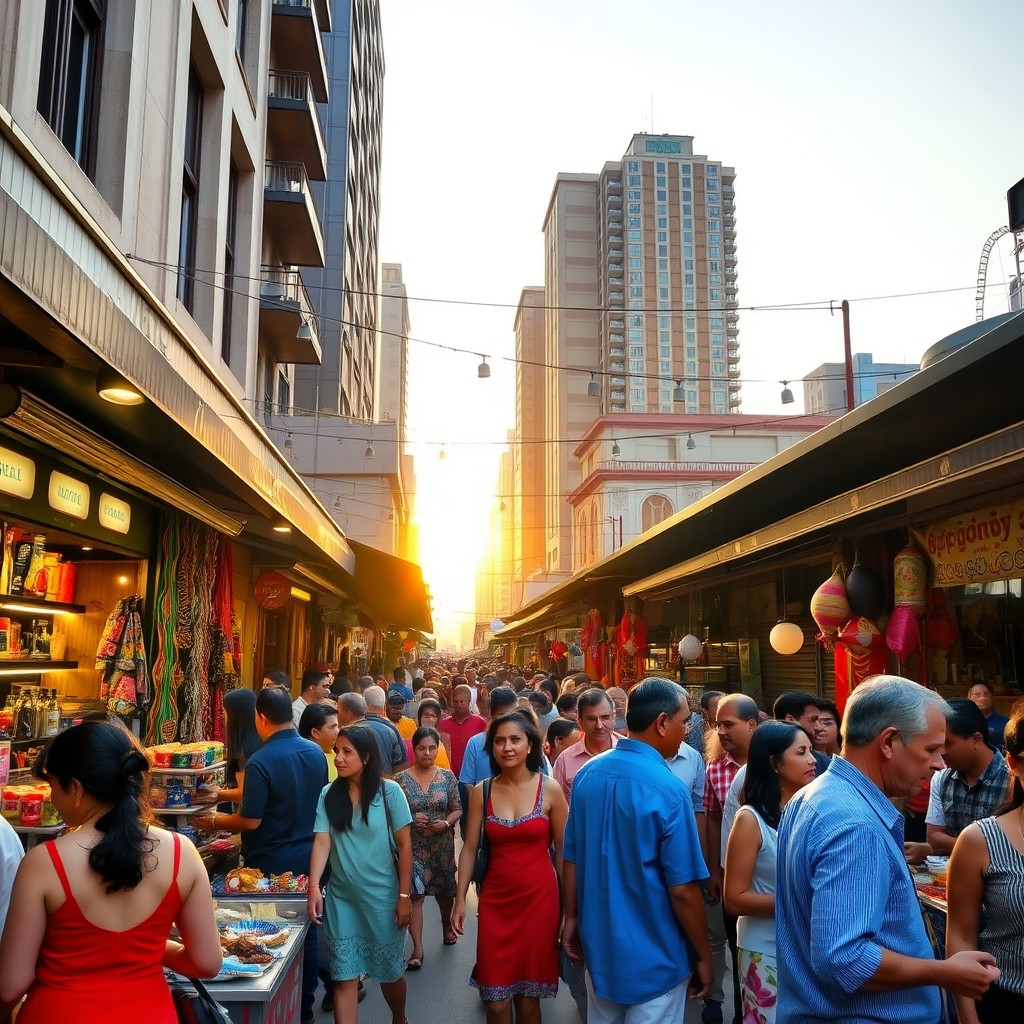 A vibrant street scene in a bustling city market, filled with colorful stalls selling various goods