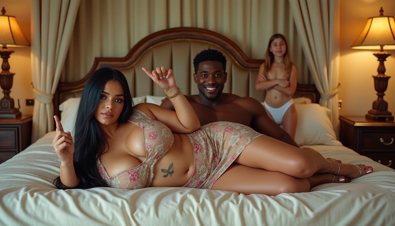 A light-skinned Mexican woman with long straight black hair and a large curvy build is lying on a spacious queen-size bed in an elegantly decorated bedroom