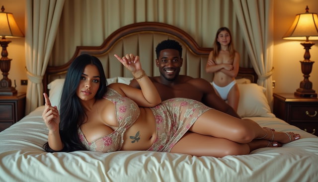 A light-skinned Mexican woman with long straight black hair and a large curvy build is lying on a spacious queen-size bed in an elegantly decorated bedroom