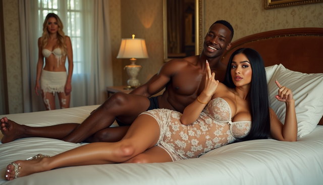 A light-skinned Mexican woman with long straight black hair lying on a large queen-size bed in a stylishly decorated room