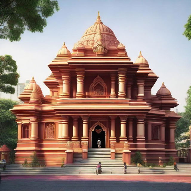 Render a detailed image of the Siddhivinayak Temple, a well-known pilgrimage center in Mumbai, dedicated to Lord Ganesha. Display its grand architectural style, crowd of devoted worshipers, and the pervasive spiritual atmosphere.