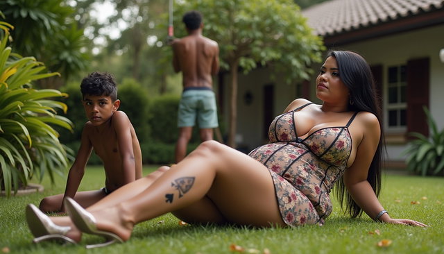 A light-skinned Mexican woman with long straight black hair, a large voluptuous figure, thick toned legs, wide hips, and round prominent breasts