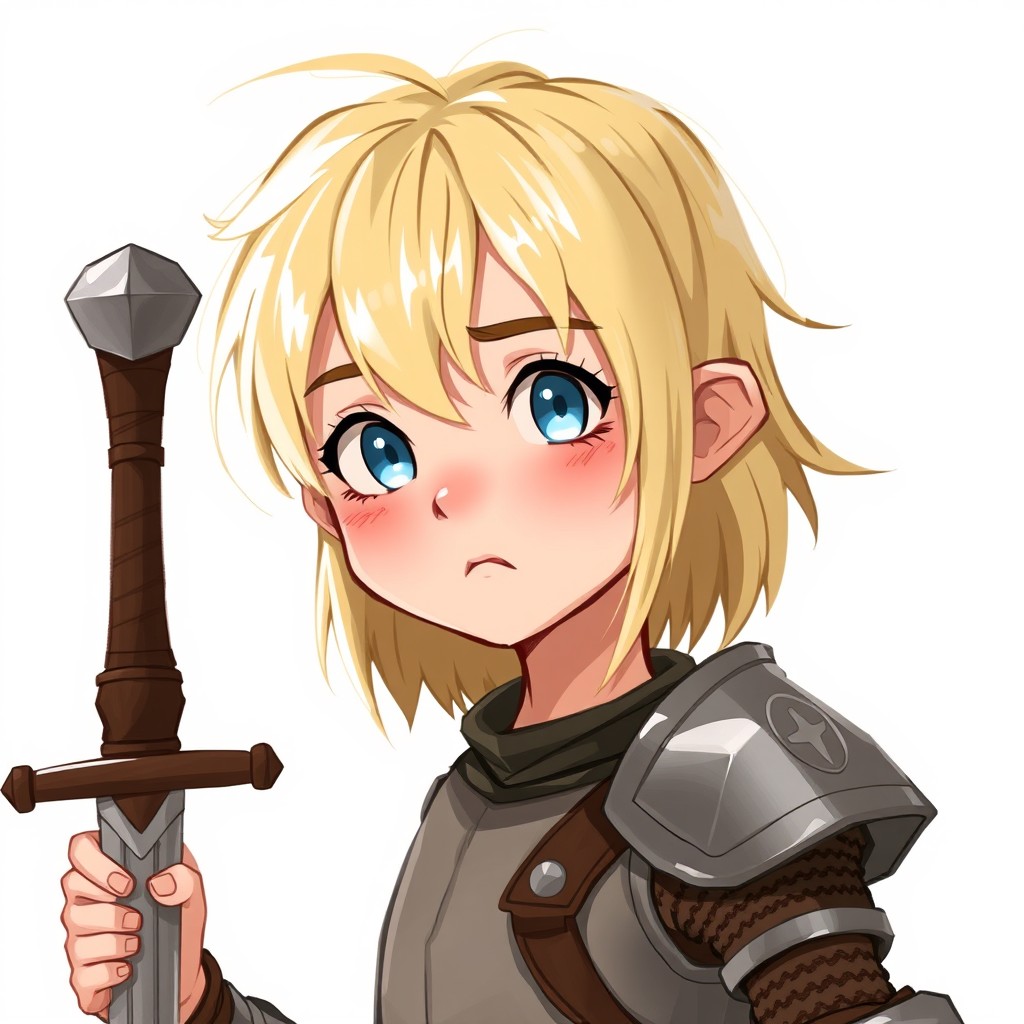 A character concept art of a young human knight with a messy curtain bangs hairstyle, featuring long blonde hair parted in the middle, covering their forehead