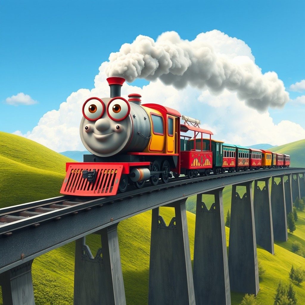 An imaginative scene featuring an oblong-shaped locomotive with large, expressive eyes devoid of pupils, soaring gracefully along an elevated railway