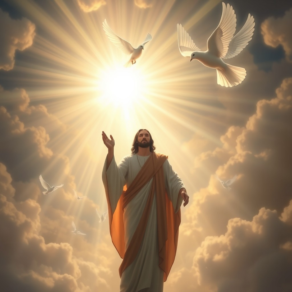 A powerful scene depicting the Baptism of the Holy Spirit, with Christ standing prominently in the foreground, surrounded by radiant light