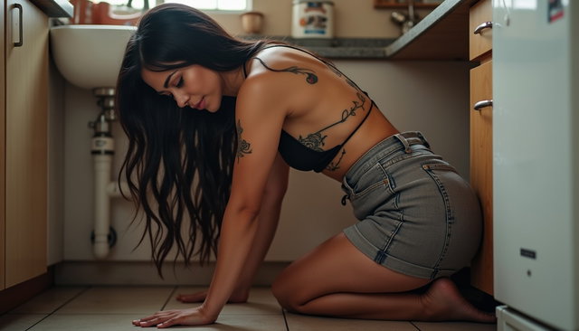 A plumber is lying on his back under the kitchen sink, working on a pipe