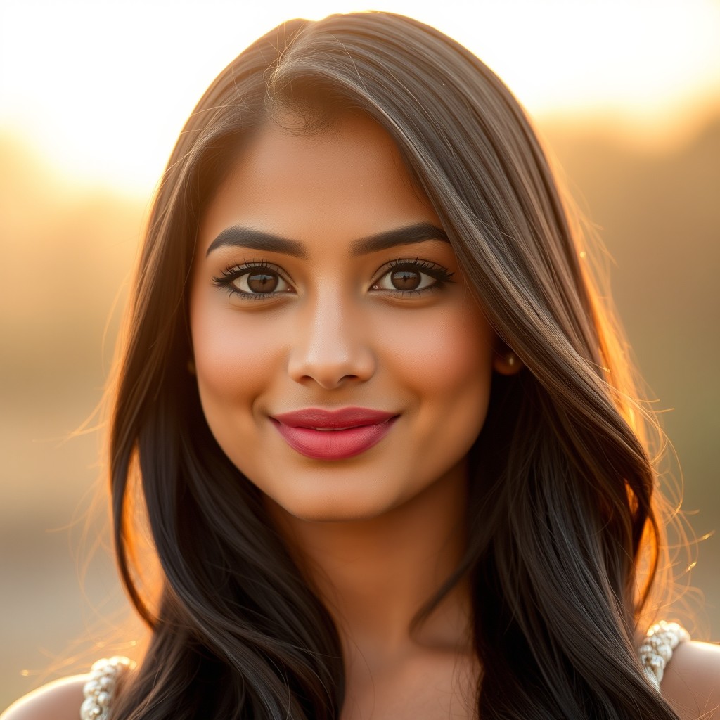 A stunning Indian woman in her mid-20s with a radiant fair complexion and naturally glowing skin