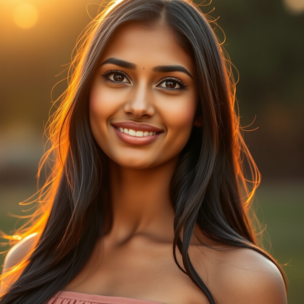 A stunning Indian woman in her mid-20s with a radiant fair complexion and naturally glowing skin