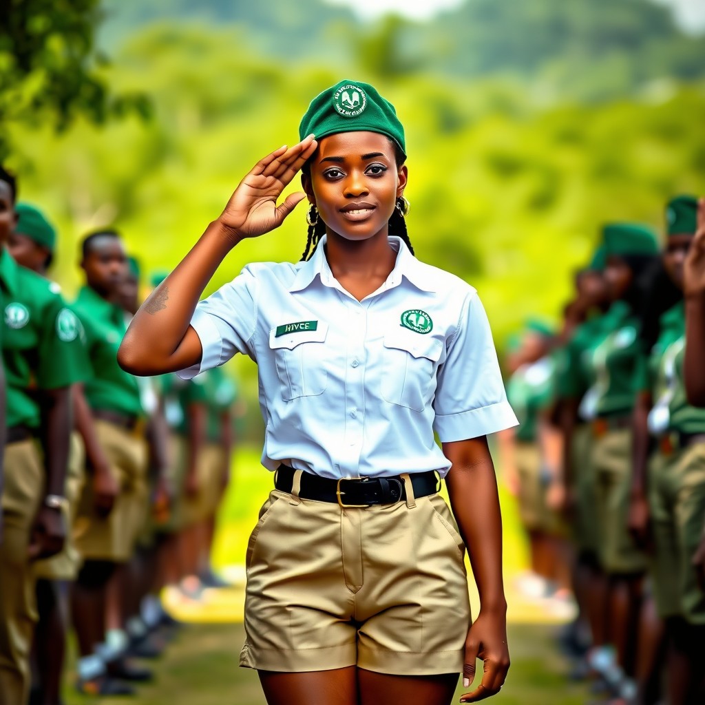 A proud female Nigerian National Youth Service Corps (NYSC) member standing at attention in a salute pose, wearing the distinctive NYSC uniform complete with khaki shorts, a green cap, and a white shirt