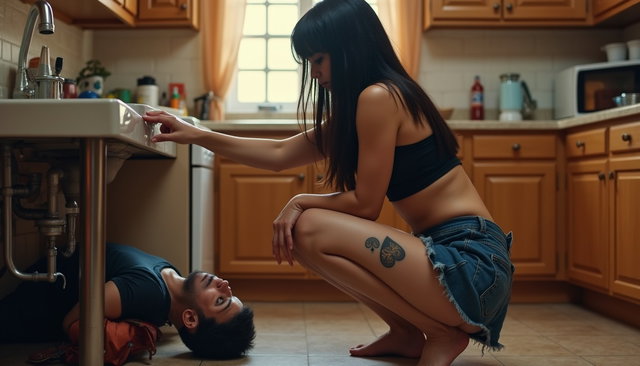 A scene inside a cozy kitchen featuring a plumber lying on his back under the sink, working on a plumbing repair