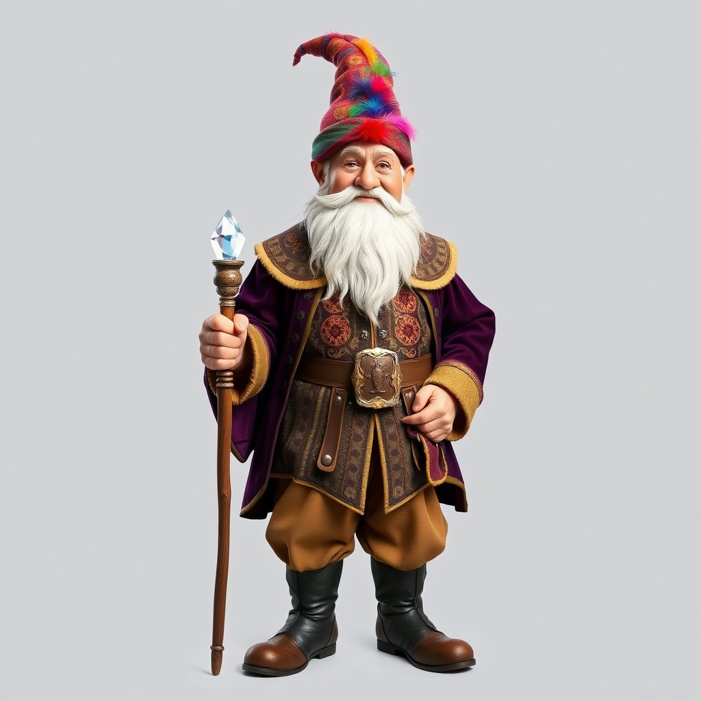 A full-length portrait of a middle-aged male gnome, richly dressed in elaborate medieval clothing