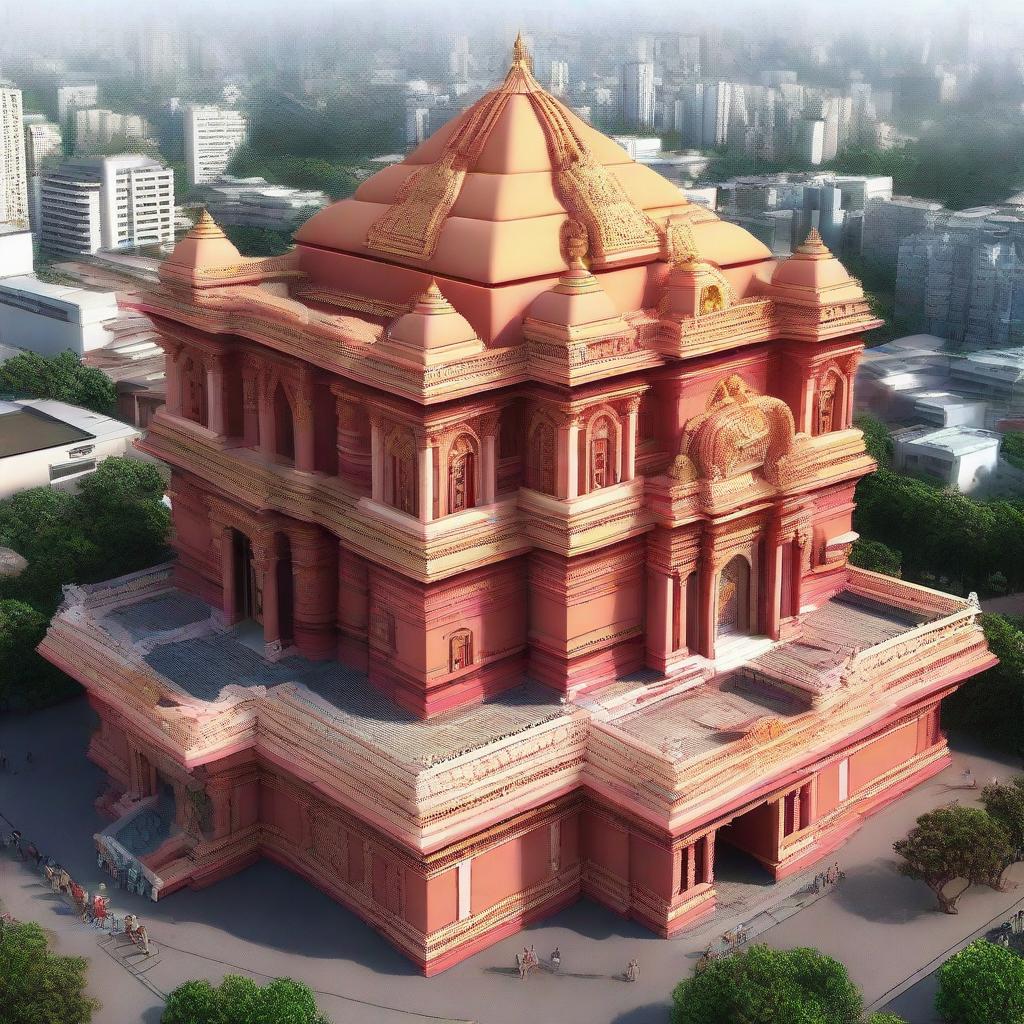 Render a detailed image of the Siddhivinayak Temple, a well-known pilgrimage center in Mumbai, dedicated to Lord Ganesha. Display its grand architectural style, crowd of devoted worshipers, and the pervasive spiritual atmosphere.